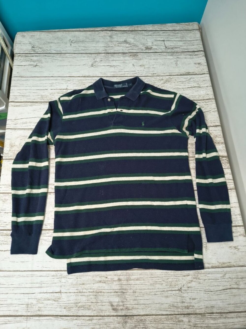 Polo Ralph Lauren Blue And Green Striped Long Sleeve Vintage Polo Size Large